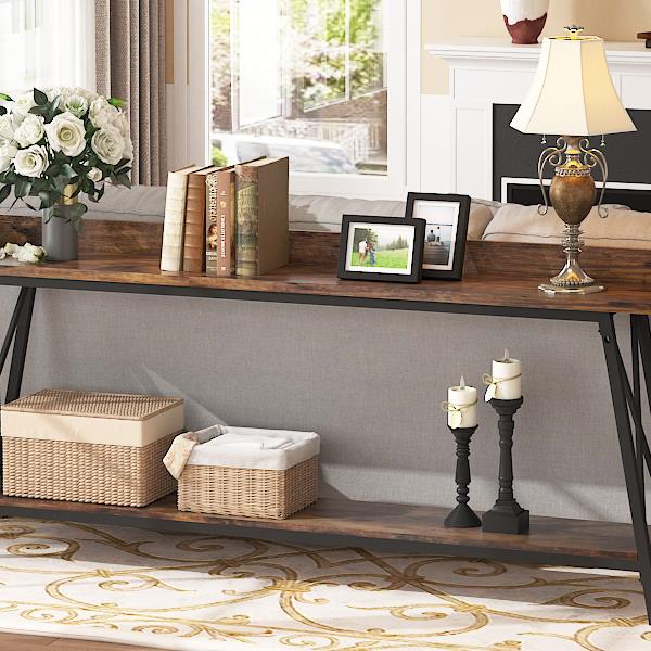 70.87 inch Extra Long Console Table Behind Couch, Rustic Industrial Sofa Table for Living Room, Narrow Entryway Hallway Long Bar Table, Brown+Black