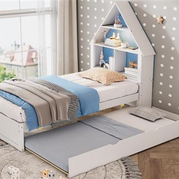 Twin Size House-Shaped Bed with Bookcase Headboard and Led Light and Twin Size Trundle for Kids Boys Girls, Blue+ White