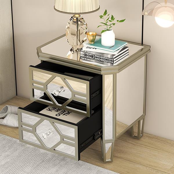 Elegant Mirrored 2-Drawer Side Table with Golden Lines for Living Room, Hallway, Entryway