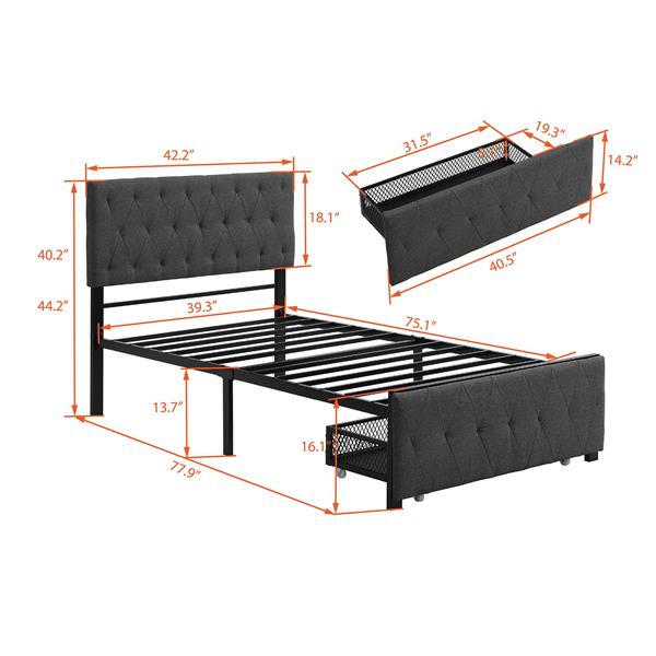 Twin Size Storage Bed Metal Platform Bed with a Big Drawer - Gray