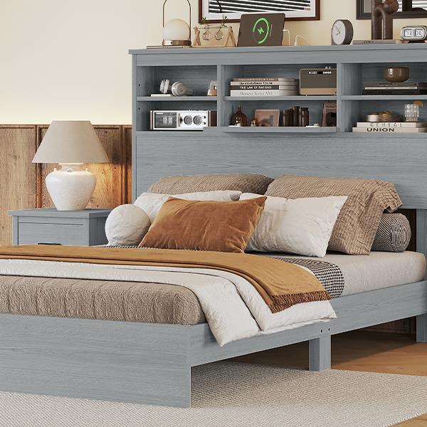 Queen Size Vintage Platform Bed,With Storage Headboard and Charging Station, Light Gray