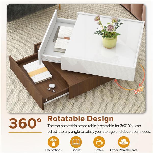 Multi-functional Square 360°Rotating Coffee Table with 2 Drawers, High Gloss 2-Tier Center Table with Swivel Tabletop and Storage, Walnut Table Frame Side Table for Living Room, White