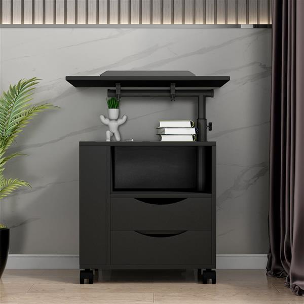 Height Adjustable Overbed End Table Wooden Nightstand with Swivel Top, Drawers, Wheels and Open Shelf,  Black