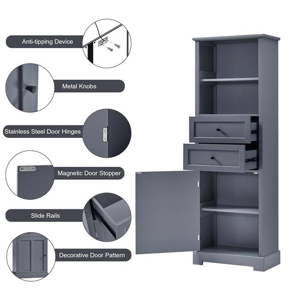 Bathroom Storage Cabinet, Tall Storage Cabinet with Two Drawers, Open Storage, Adjustable Shelf, Grey