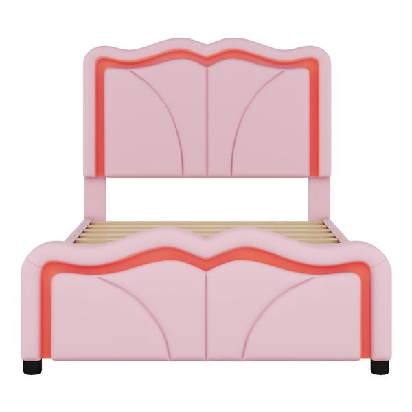 Twin Size Upholstered Platform Bed with Curve Shaped and Height-adjustbale Headboard,LED Light Strips,Pink