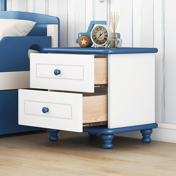 Wooden Nightstand with Two Drawers for Kids,End Table for Bedroom,White+Blue