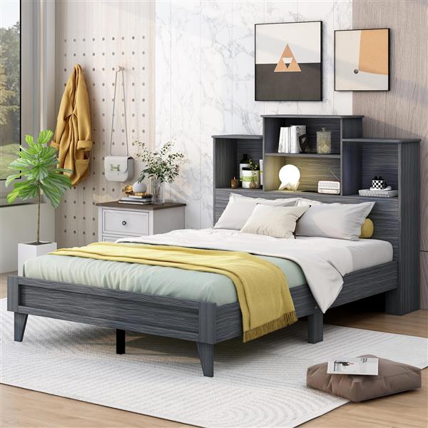 Full Size Storage Platform Bed Frame with 4 Open Storage Shelves and USB Charging Design,Gray