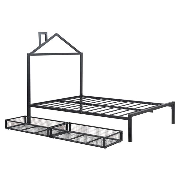 Full Size Metal Platform Bed with two drawers,House-Shaped Headboard Design, Black