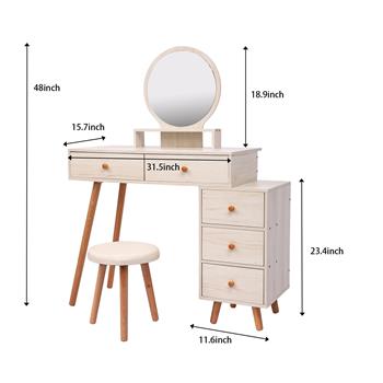 CRAZY ELF Makeup Vanity Table with Cushioned Stool, Large Capacity Storage Cabinet, 5 Drawers, Large Round Mirror, Fasionable Makeup Furniture (31.5\\"-43.2\\"L x 15.8\\"W x 48.1\\"H) Length Adjustable