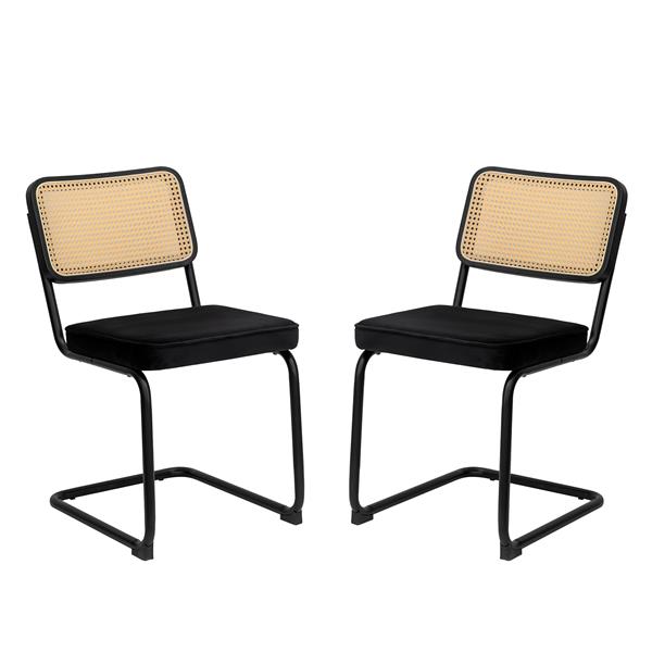 Dining Chairs Set of 2, Velvet Rattan Side Accent Chairs with Black Painted Legs, Modern Mid Century Breuer Designed Chairs, Upholstered Dining Living Room Kitchen Chairs