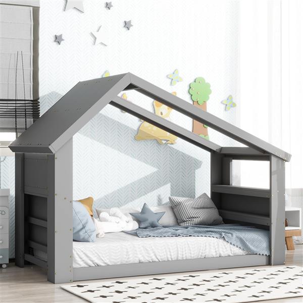 Twin House Floor Bed with Roof Window, LED Light,Grey