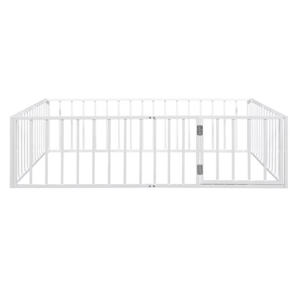 Queen Size Metal Floor Bed Frame with Fence and Door, White