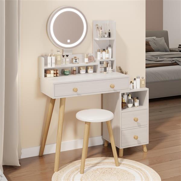 Round Mirror Bedside Cabinet Vanity Table + Cushioned Stool, 17" diameter LED Mirror, Touch Control, 3-color, Brightness adjustable, Large Desktop, Right Bedside Cabinet, Multi-layer Storage