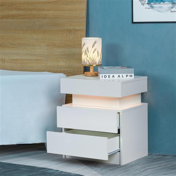 LED Nightstand Modern White Nightstand with Led Lights Wood Led Bedside Table Nightstand with 2 High Gloss Drawers for Bedroom