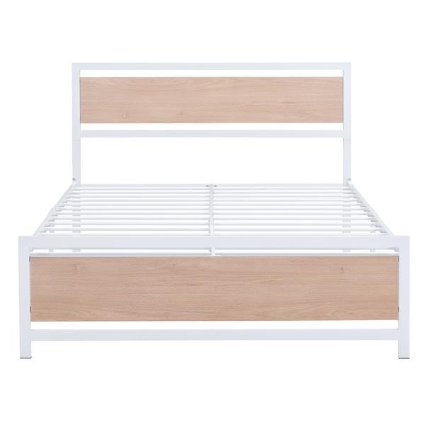 Full Size Platform Bed, Metal and Wood Bed Frame with Headboard and Footboard , White