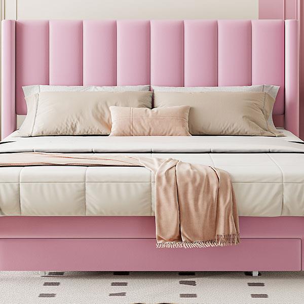 Full Size Storage Bed Velvet Upholstered Platform Bed with a Big Drawer - Pink