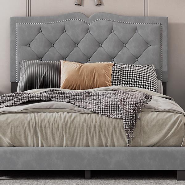 Full Size Upholstered Bed Frame with Rivet Design, Modern Velvet Platform Bed with Tufted Headboard,Gray