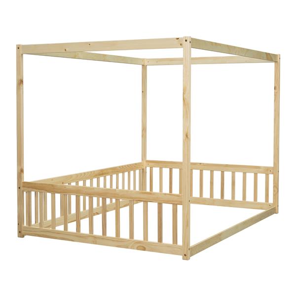 Full Size Canopy Frame Floor Bed with Fence, Guardrails,Natural