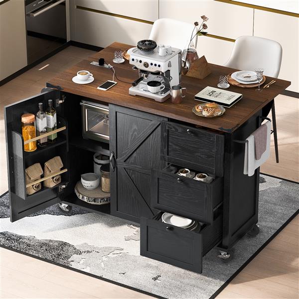 54.5" Farmhouse Kitchen Island with Power Outlet, Kitchen Storage Island  with Internal Storage Rack, Drop Leaf, Spice Rack, Rolling Kitchen Cart on Wheels, for Home, Kitchen and Dining Room,Black