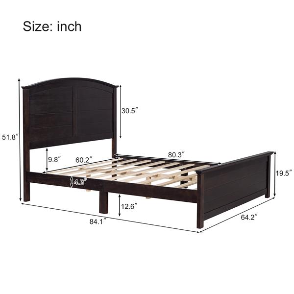 Farmhouse Wooden Platform Queen Size Bed with Curl Design Headboard and Footboard for Teenager, Espresso