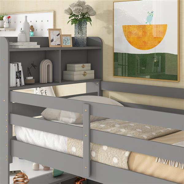 Twin Over Twin Bunk Beds with Bookcase Headboard, Solid Wood Bed Frame with Safety Rail and Ladder, Kids/Teens Bedroom, Guest Room Furniture, Can Be converted into 2 Beds, Grey