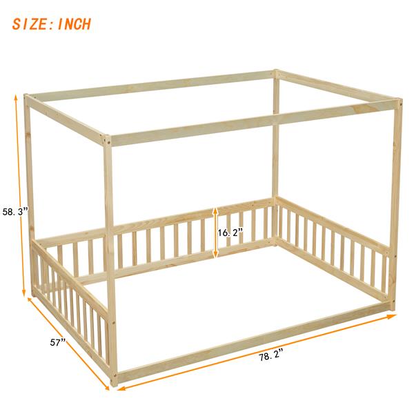 Full Size Canopy Frame Floor Bed with Fence, Guardrails,Natural