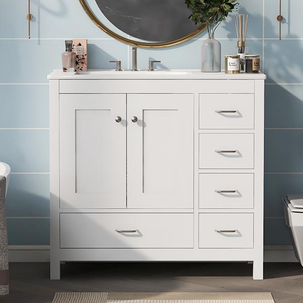 36" White Bathroom Vanity with Ceramic Sink Combo, Abundant Storage Cabinet -2 Soft-close doors and 5 drawers