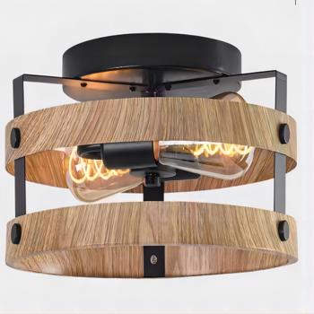 2-Light Rustic Flush Mount Light Fixture Wood Round Drum Semi Ceiling Light for Hallway Bedroom Kitchen Entryway Farmhouse Matt Black [No Bulb][Unable to ship on weekends, please note that]