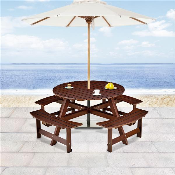 Outdoor 8 Person Picnic Table, 8 person Round Picnic Table with 4 Built-in Benches, Umbrella Hole, Outside Table and Bench Set for Garden, Backyard, Porch, Patio,  Brown