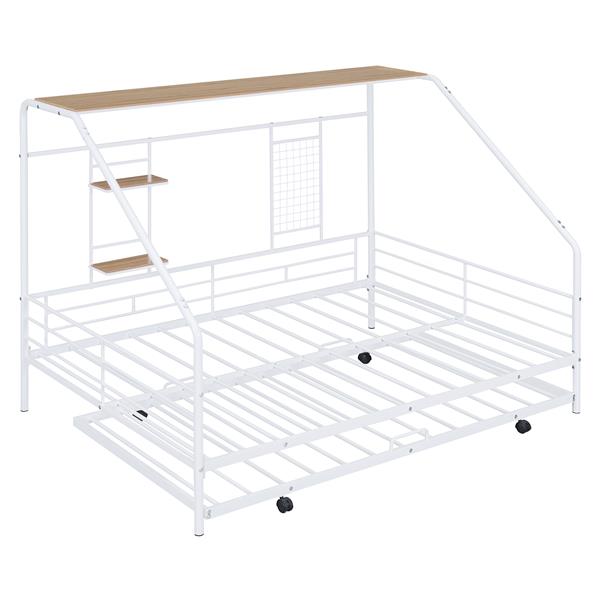 Full Size Metal House Bed with Trundle, White