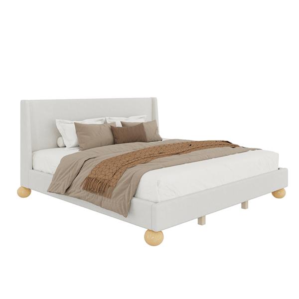 Modern Boucle Upholstered Platform Bed with Wingback Headboard and Round Wooden Legs, Beige,King Size