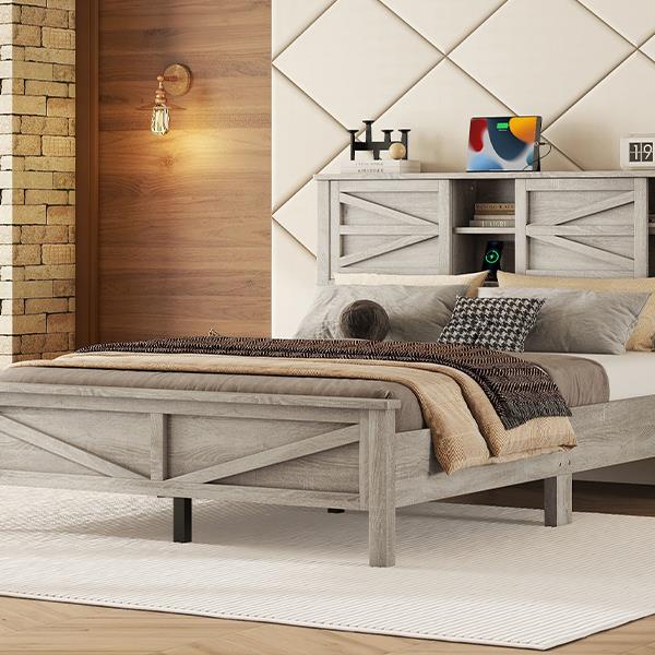 Farmhouse Platform Bed with Double Sliding Barn Door, Queen Size Rustic Wood Bed with
Charging Station, Wood Slats Support, Antique Gray