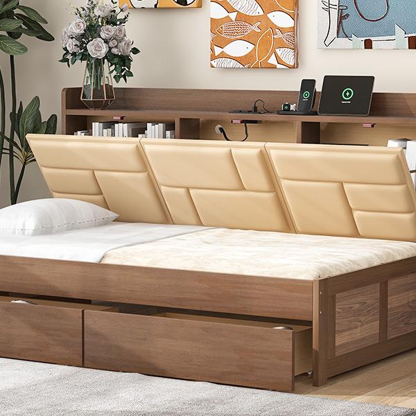 Twin Size Wood Daybed with Upholstered Storage Shelves, USB Ports and 2 Drawers, Wood Color