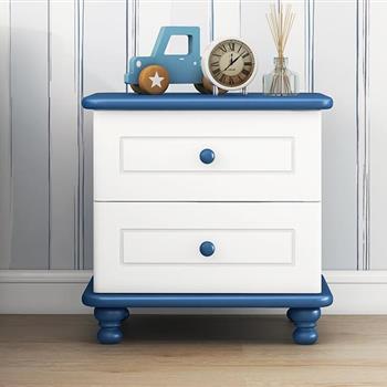 Wooden Nightstand with Two Drawers for Kids,End Table for Bedroom,White+Blue