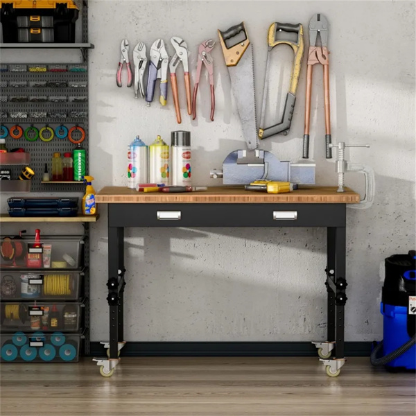 47" Garage Work Bench with Drawer and Wheels, Height Adjustable Legs, Bamboo Tabletop Workstation Tool Table