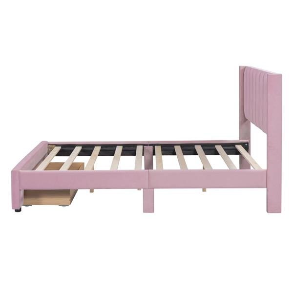 Full Size Storage Bed Velvet Upholstered Platform Bed with a Big Drawer - Pink