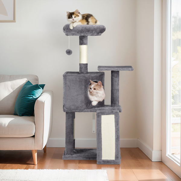 47 inch Cat Tree Cat Tower for Indoor Cats, Cat House with Padded Platform Bed, Toy Ball, Large Cozy Condo, Scratch Board and Sisal Scratching Posts, Dark Grey