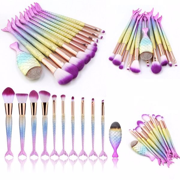 11Pcs Mermaid Make up Brushes Eye Shadow Blusher Kabuki Face Powder For women