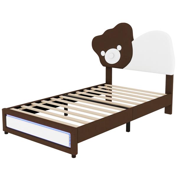 Full Size Upholstered Platform Bed with Bear Shaped Headboard, LED Light Strips, White + Brown