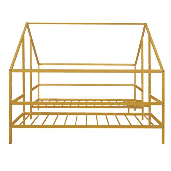 Metal Double Twin Size Triangular House Beds with Built-in Table, Gold