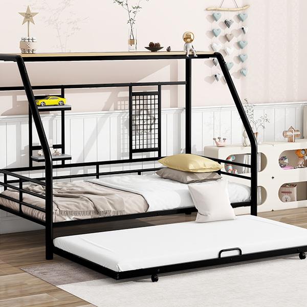 Twin Size Metal House Bed with Trundle, Black