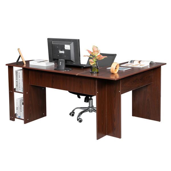 L-Shaped Wood Right-angle Computer Desk with Two-layer Bookshelves Dark Brown