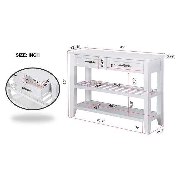 Console Sofa Table with 2 Storage Drawers and 2 Tiers Shelves, Mid-Century Style 42'' Solid Wood Buffet Sideboard for Living Room Furniture Kitchen Dining Room Entryway Hallway, Antique White