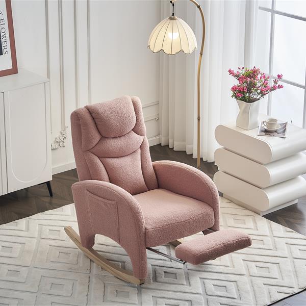 052-Teddy Fabric Nursery Rocking Chair With Adjustable Footrest,Pink