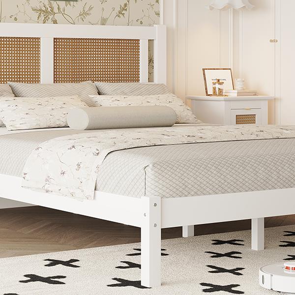 Queen Size Wood Platform Bed with Natural Rattan Headboard,Exquisite Elegance with Minimalist Charm for Bedroom,White