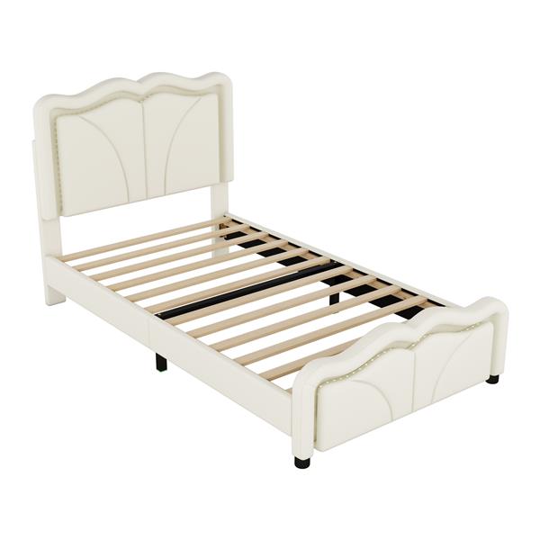 Twin Size Upholstered Platform Bed with Curve Shaped and Height-adjustbale Headboard,LED Light Strips,White