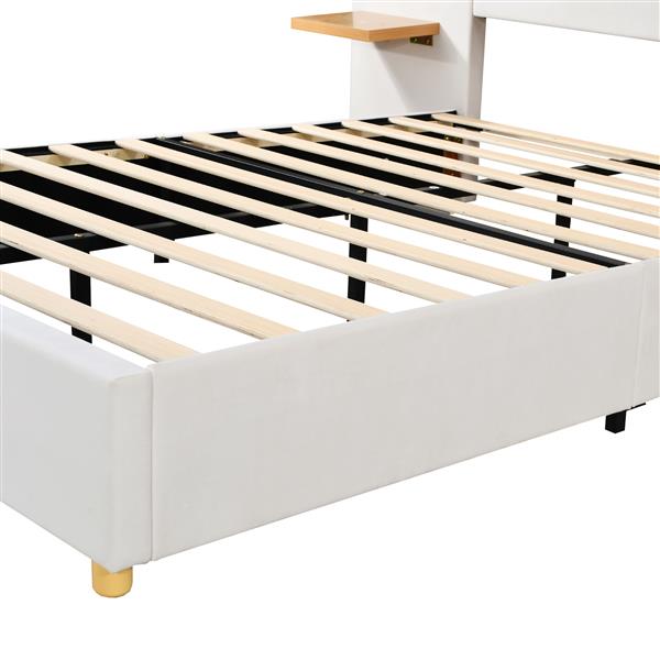 Full Size Upholstered Platform Bed, Two Outlets and USB Charging Ports on Both Sides, Two Bedside Pillows, Storage Shelves, Beige