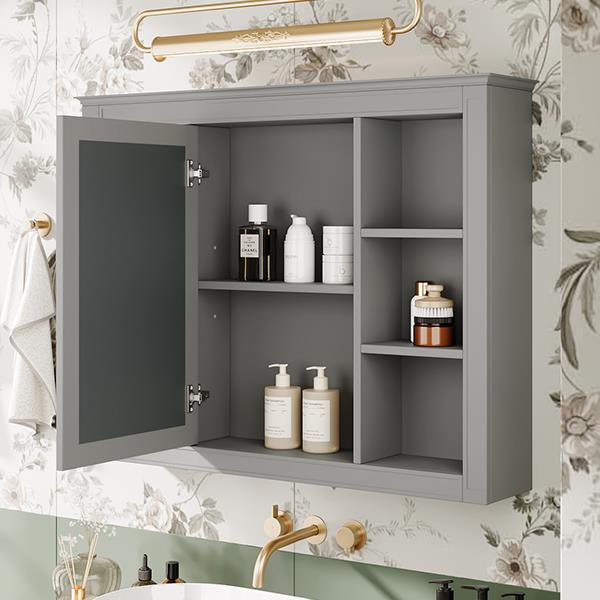 35'' x 27.5'' Medicine Cabinet, Wall Mounted Bathroom Storage Cabinet, Modern Bathroom Wall Cabinet with Mirror, Mirror Cabinet with 6 Open Shelves (Not Include Bathroom Vanity )