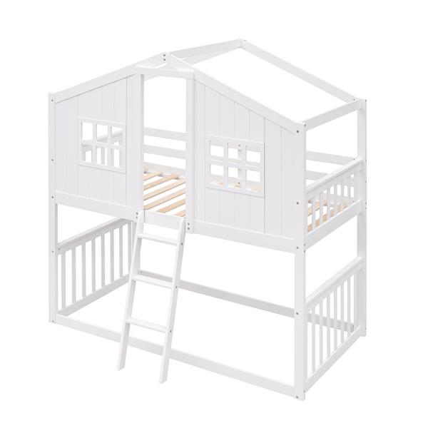 Twin Over Twin House Bunk Bed With Ladder, Wood Bed-White