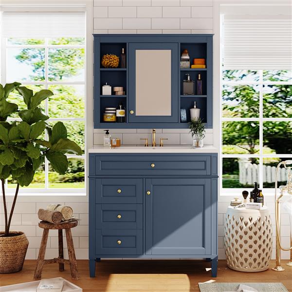 36'' Bathroom Vanity with  Medicine Cabinet, Royal Blue Mirror Cabinet, Modern Bathroom Storage Cabinet with 2 Soft Closing Doors and 4 Drawers, Single Sink Bathroom Vanity